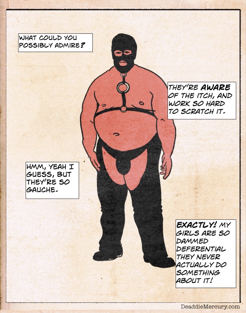 Artstic retro comic style digital illustration by Deaddie Mercury of a man in leather bondage clothes