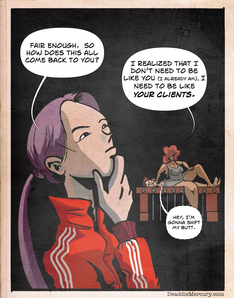 Artstic retro comic style digital illustration by Deaddie Mercury of Mistress Wiki wearing a red adidas track suit talking with Dr. Maxine Moore sitting on a man lying down on a bondage cage