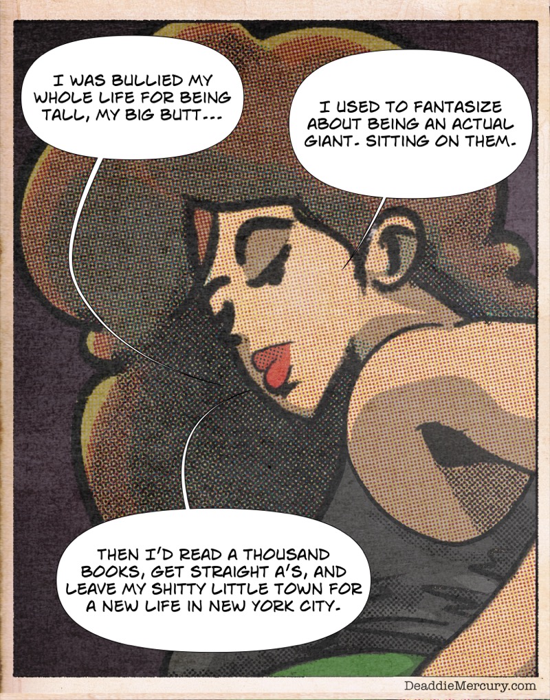 Artstic retro comic style digital illustration by Deaddie Mercury of Dr. Maxine Moore looking over her shoulder
