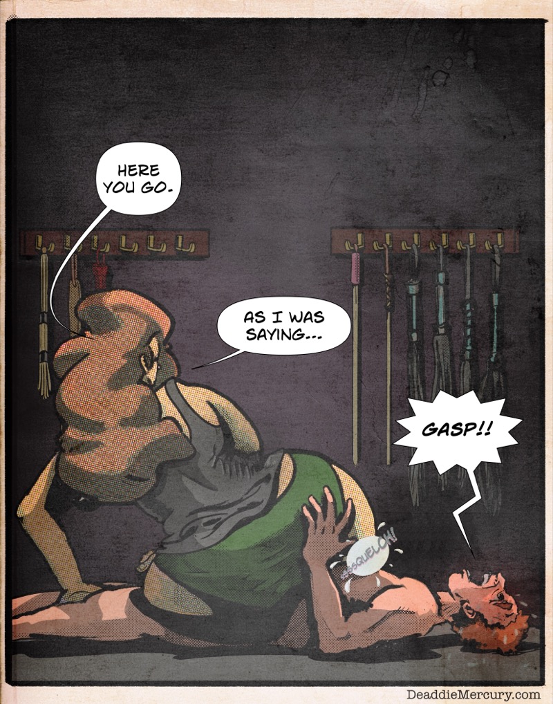 Artstic retro comic style digital illustration by Deaddie Mercury of Dr. Maxine Moore in a bdsm dungeon wearing a dark grey dress and green panties, sitting on a naked man, leaning to one side as he gasps for breath 