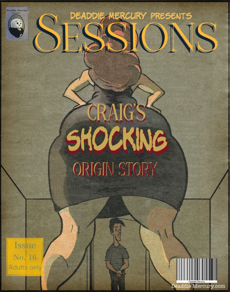 Artistic digital illustration by Deaddie Mercury in a retro comic book cover style of a woman in a dark dress with large buttocks, hands on hips looking at a small man who can be seen between her legs