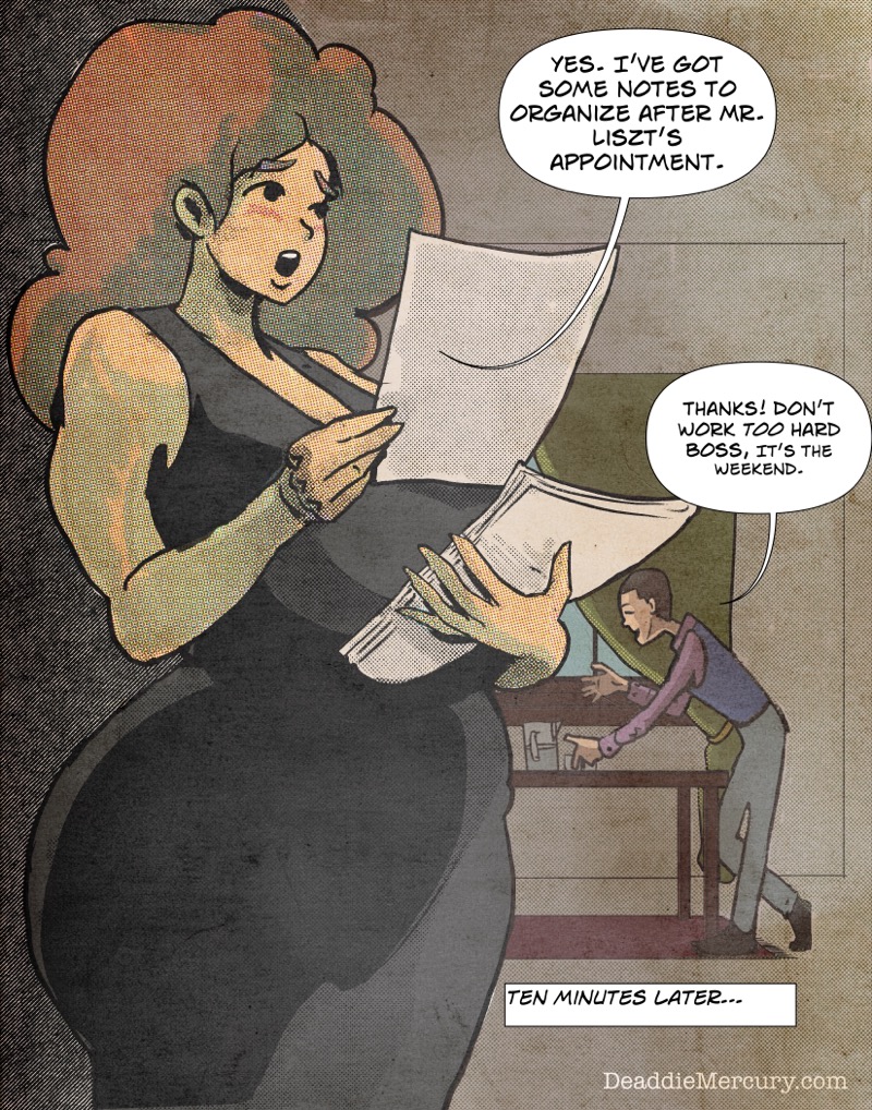 Artistic digital illustration by Deaddie Mercury in a retro comic book style of Maxine Moore leafing through papers. She has a curvy, voluptuous figure with large breasts and wide hips