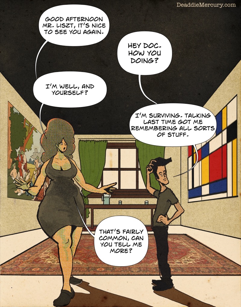 Artistic digital illustration by Deaddie Mercury in a retro comic book style of Maxine Moore and Craig Liszt in her office with large paintings behind them
