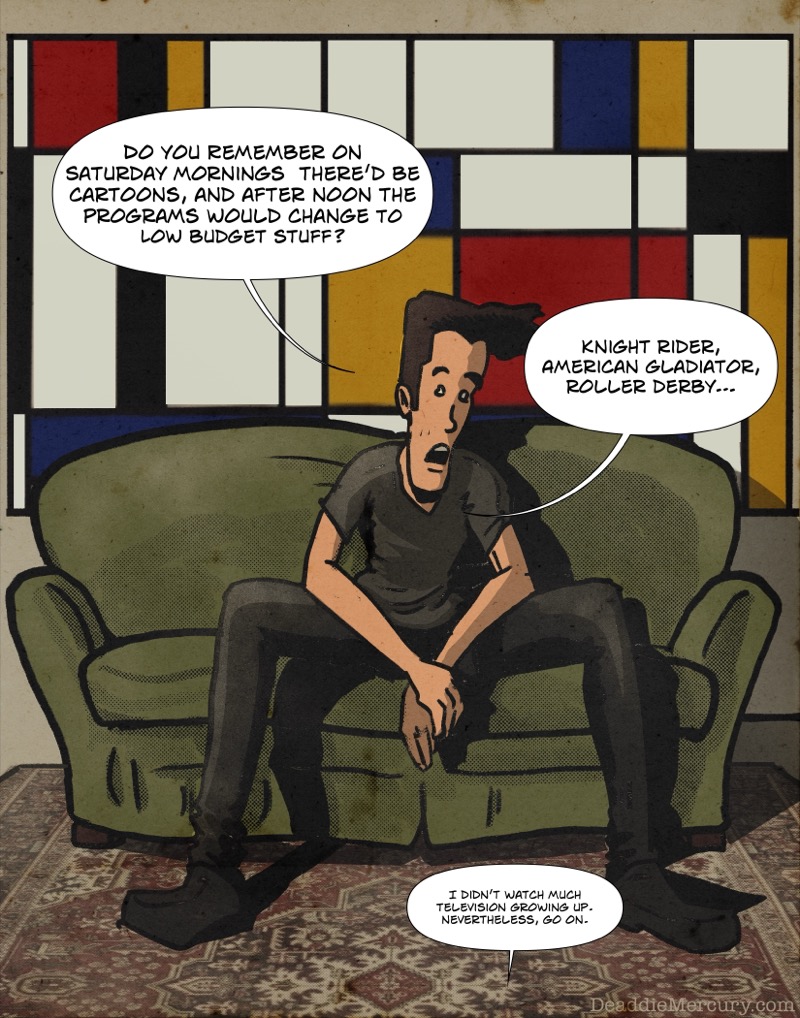 Artistic digital illustration by Deaddie Mercury in a retro comic book style of Craig Liszt sitting on a loveseat with a large Mondrian painting behind him