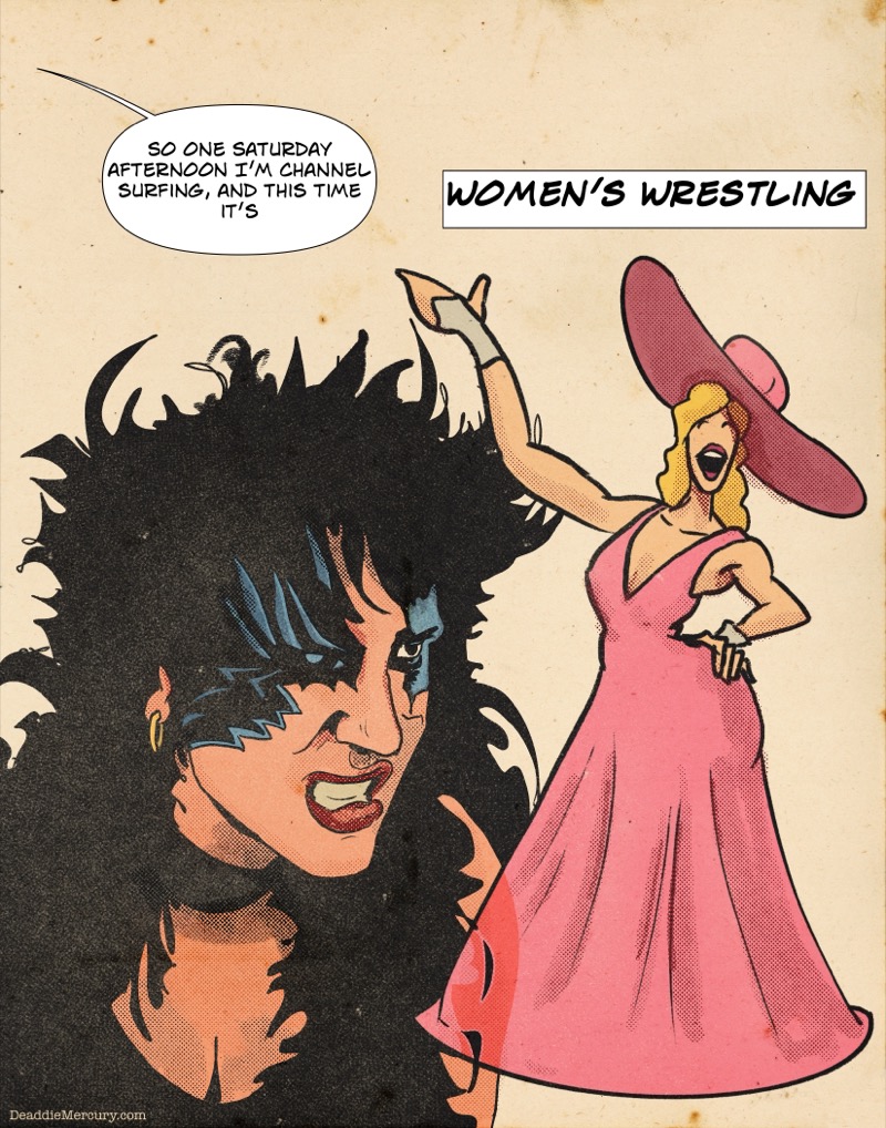 Artistic digital illustration by Deaddie Mercury in a retro comic book style of G.L.O.W. female wrestlers