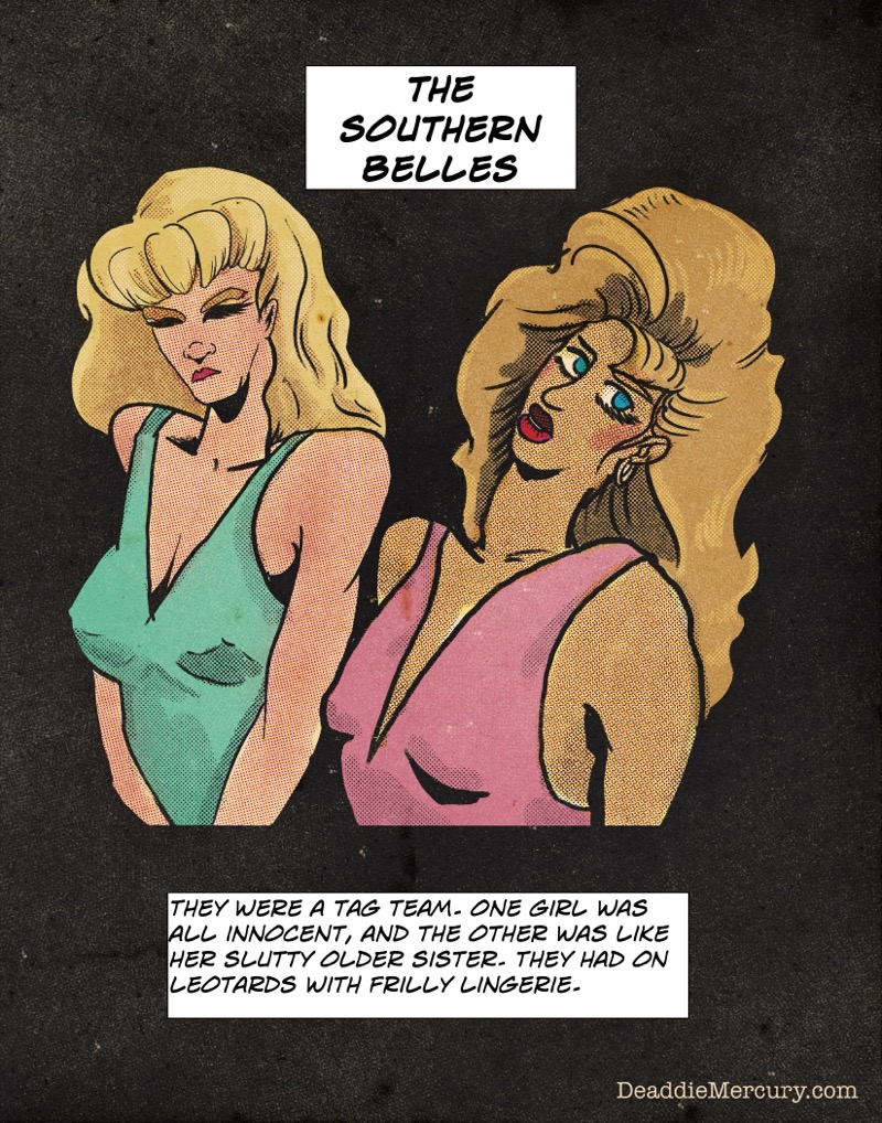 Artistic digital illustration by Deaddie Mercury in a retro comic book style of the Southern Belles, wrestlers from the G.L.O.W. promotion