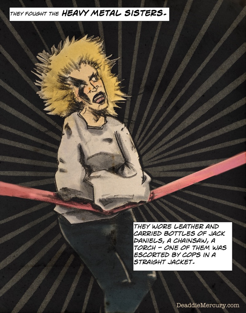 Artistic digital illustration by Deaddie Mercury in a retro comic book cover style of a G.L.O.W. wrestler in a straight jacket and painted face