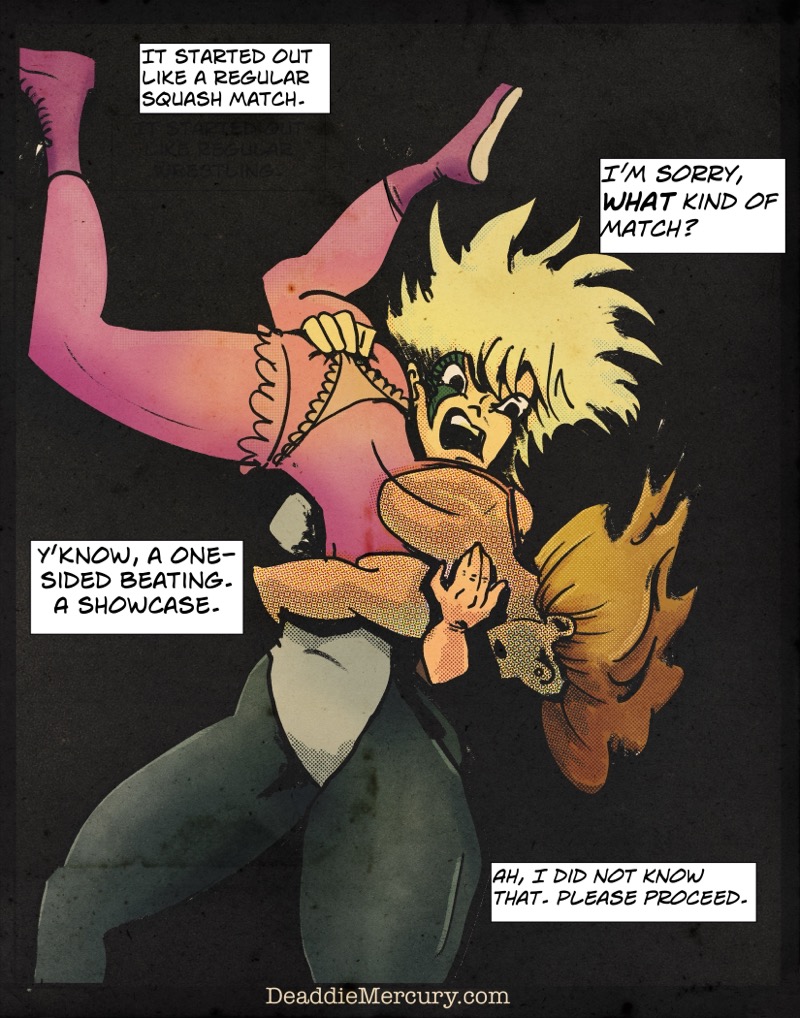 Artistic digital illustration by Deaddie Mercury in a retro comic book cover style of two G.L.O.W. female wrestlers one is being bodyslammed 
