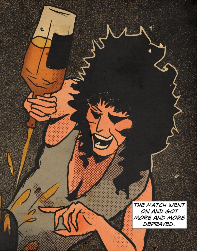 Artistic digital illustration by Deaddie Mercury in a retro comic book cover style of a Heavy Metal Sister pouring a bottle of Jack Daniels on the head of one of the Southern Belles