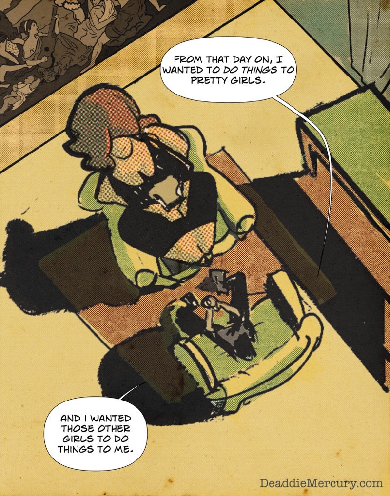 Artistic digital illustration by Deaddie Mercury in a retro comic book cover style of an overhead shot of Maxine Moore and Craig Liszt in her office sitting face to face on a cushioned chair and sofa