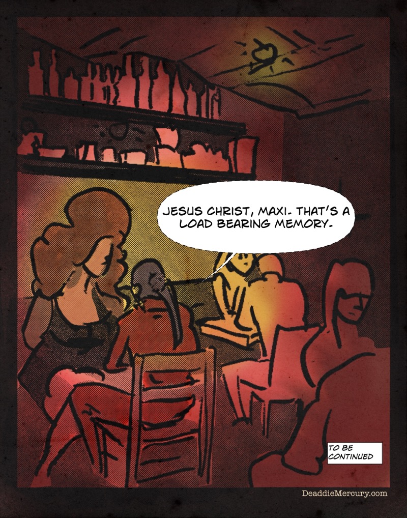 Artistic digital illustration by Deaddie Mercury in a retro comic book cover style of Maxine Moore and Victoria sitting at a table of the sake bar Decibel