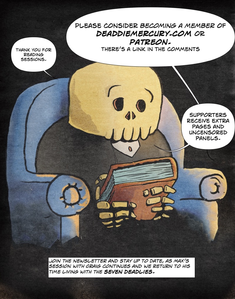 Artistic digital illustration by Deaddie Mercury in a retro comic book cover style of the author Deaddie Mercury sitting in a puffy blue chair, holding the book Deadtime Stories