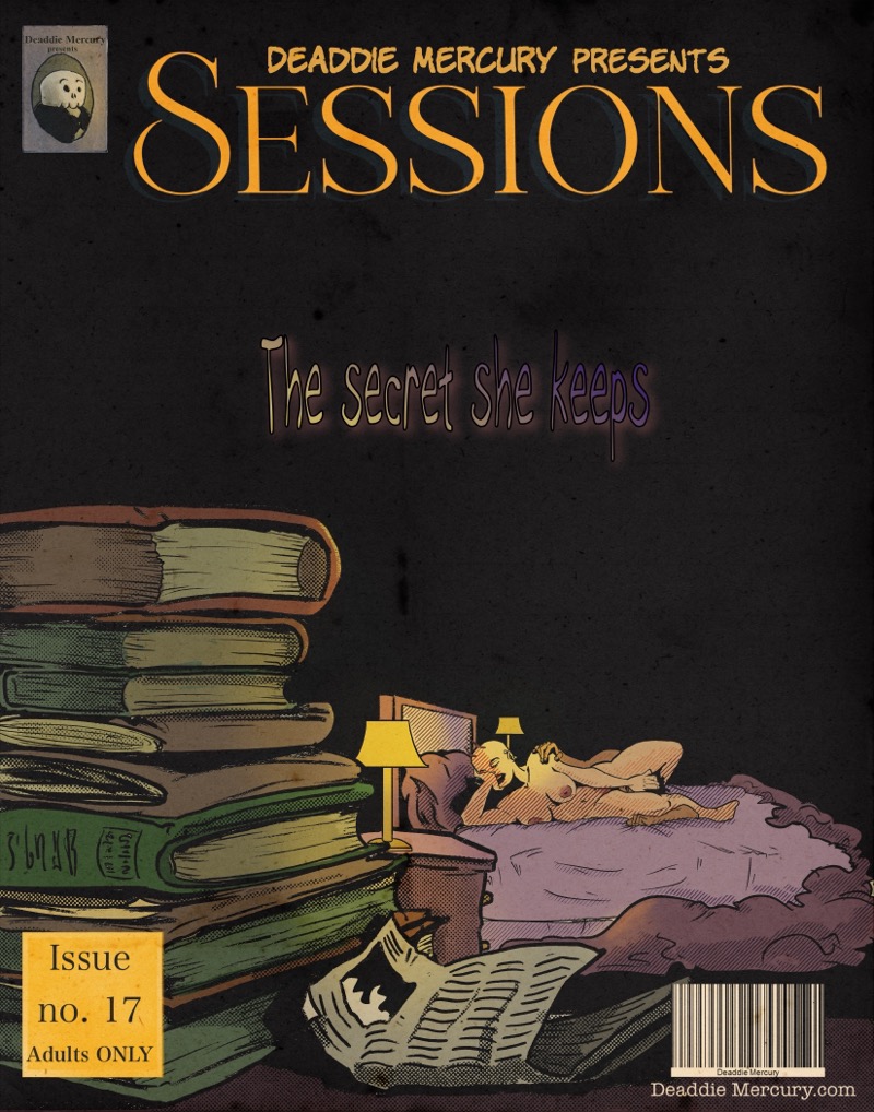 Artistic digital illustration by Deaddie Mercury in a retro comic book style. Cover of Sessions newest issue showing a dark bedroom with textbooks and crumpled newspaper in the foreground. in the background Wrath is naked in bed with Craig's face scissored between her legs, his face buried in her pussy. She appears lost in her feelings.