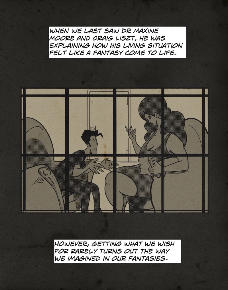 Artistic digital illustration by Deaddie Mercury in a retro comic book style of Craig Liszt and Maxine Moore seen through the window of her office having an intense conversation.