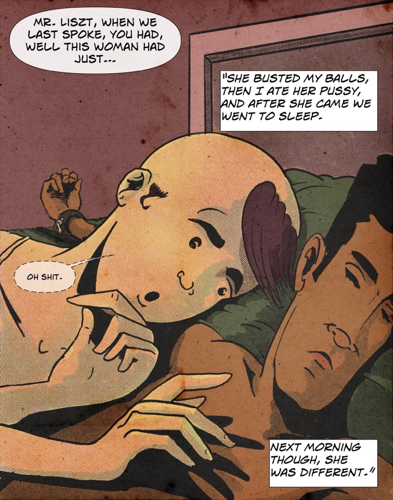 Artistic digital illustration by Deaddie Mercury in a retro comic book style of Wrath / Wraith lying in bed with a sleeping Craig Liszt. She is startled to have found her hand on his chest
