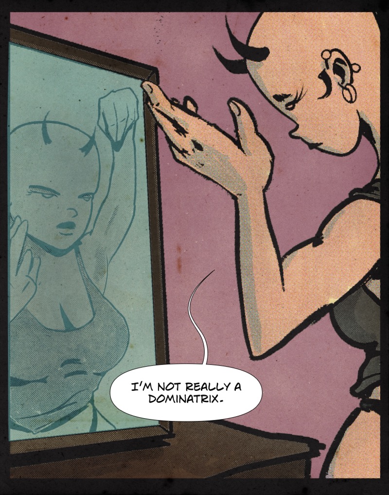 Artistic digital illustration by Deaddie Mercury in a retro comic book style of Wrath / Wraith styling her hair while looking in the mirror.