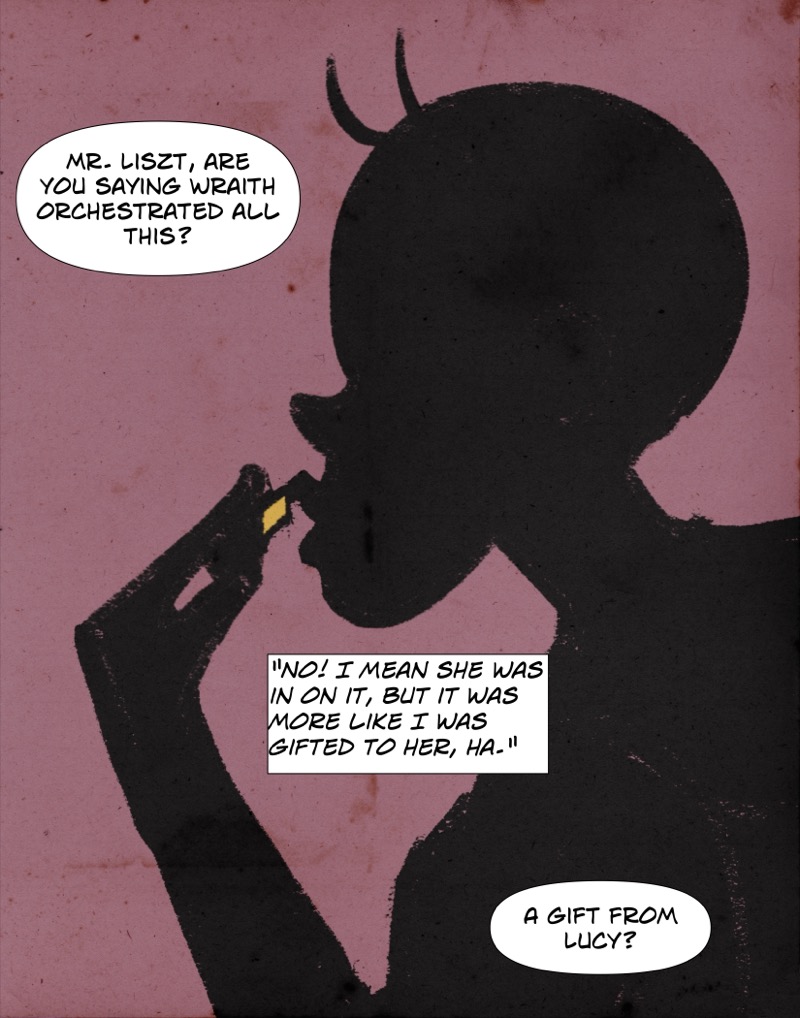 Artistic digital illustration by Deaddie Mercury in a retro comic book style of a woman with a shaved head and devil horn hairstlye putting on lipstick in silhouette