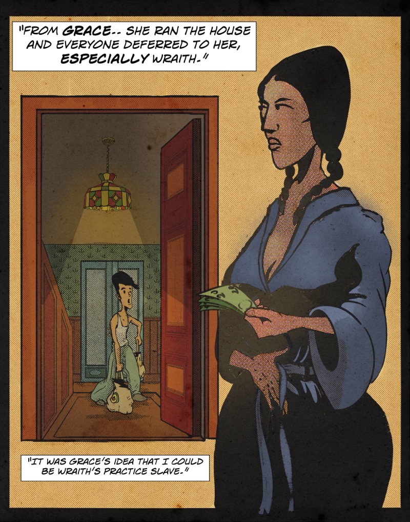 Artistic digital illustration by Deaddie Mercury in a retro comic book style of Craig. arriving home with two bags of groceries while Grace waits in the house wearing a blue bathrobe, holding cash in her hand