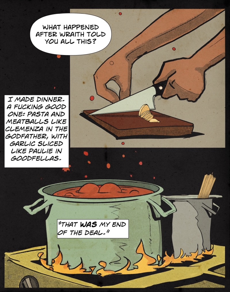 Artistic digital illustration by Deaddie Mercury in a retro comic book style of Craig chopping garlic and two pots of pasta and sauce with meatballs boiling on a stovetop