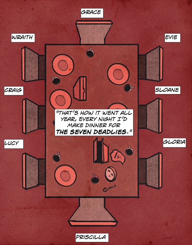 Artistic digital illustration by Deaddie Mercury in a retro comic book style of a dinner table and the seating arrangement of The Seven Deadlies laid out