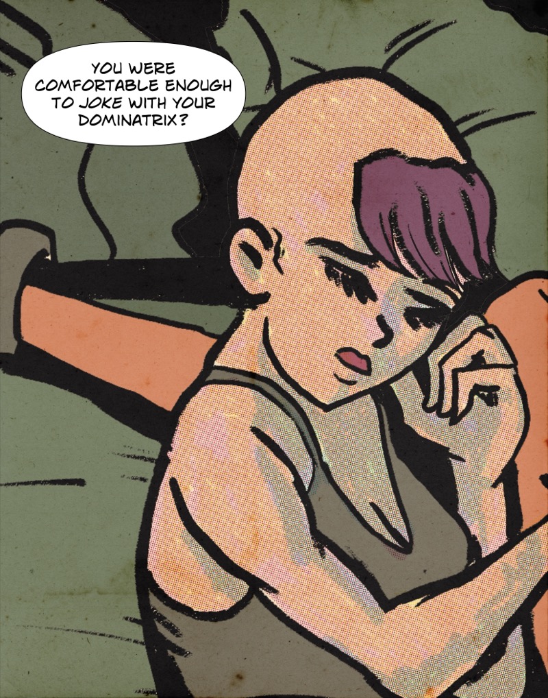 Artistic digital illustration by Deaddie Mercury in a retro comic book style of a goth woman asleep in bed