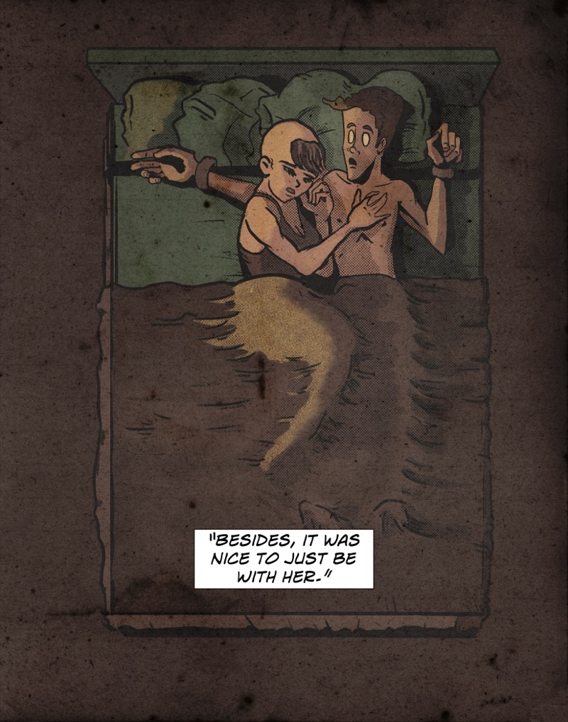 Artistic digital illustration by Deaddie Mercury in a retro comic book style of Craig Liszt and Wraith in bed together. He is awake and looking at her with a surprised expression while she sleeps with her righ hand laying across his chest.