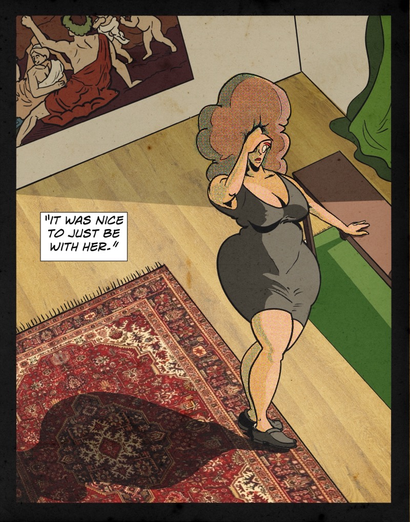 Artistic digital illustration by Deaddie Mercury in a retro comic book style of Maxine Moore looking perplexed at the story she has just heard. She is hearing back the final words that Craig said in his latest session