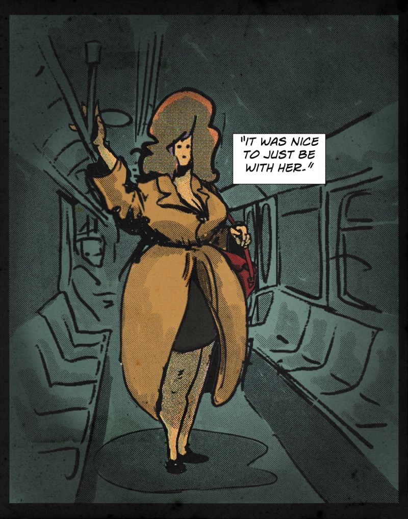 Artistic digital illustration by Deaddie Mercury in a retro comic book style of Maxine Moore riding the NYC subway still repeating the last words of Craig Liszt