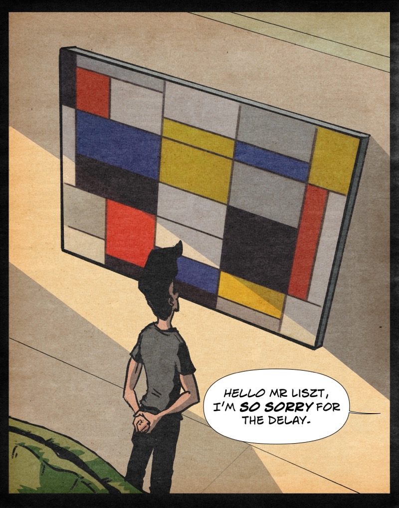 Craig LIszt looks at a Mondrian painting in Maxine Moore's office