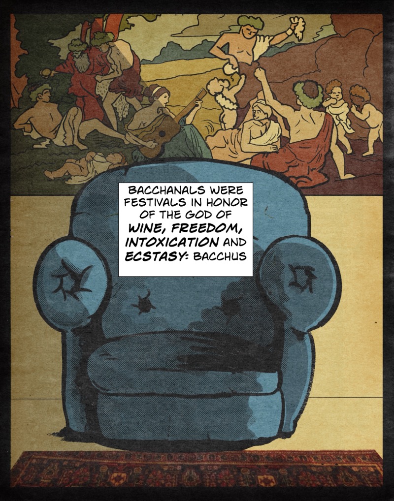 Maxine Moore's armchair with a Poussin's Bacchanal painting behind it as a slice of sunlight cuts across her office.