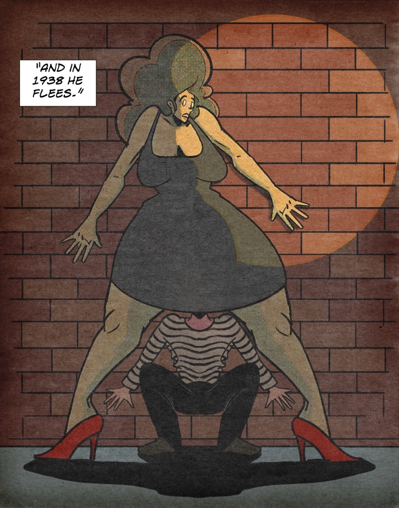 Craig Liszt hides his face between Maxine Moore's butt cheeks as a spotlight scans the area for them