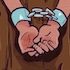Comic drawing of two hands, handcuffed against a tree stump