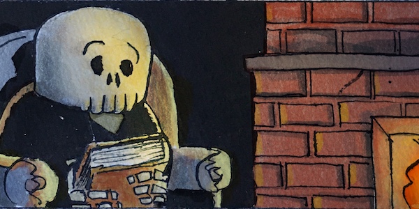 Traditional ink drawing of Deaddie Mercury holding a sketchbook while sitting by a fireplace