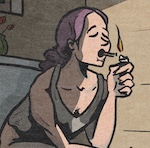 Digital illustration by Deaddie Mercury of Victoria sitting on the toilet lighting a cigarette