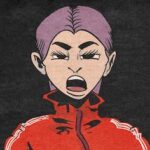 Digital illustration of Victoria addressing the viewer while wearing a red adidas track suit
