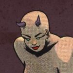 Artistic digital illustration by Deaddie Mercury in a retro comic book style of the character Wrath looking down